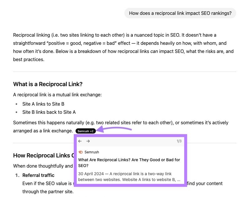 ChatGPT response citing an article by Semrush which uses the BLUF technique.