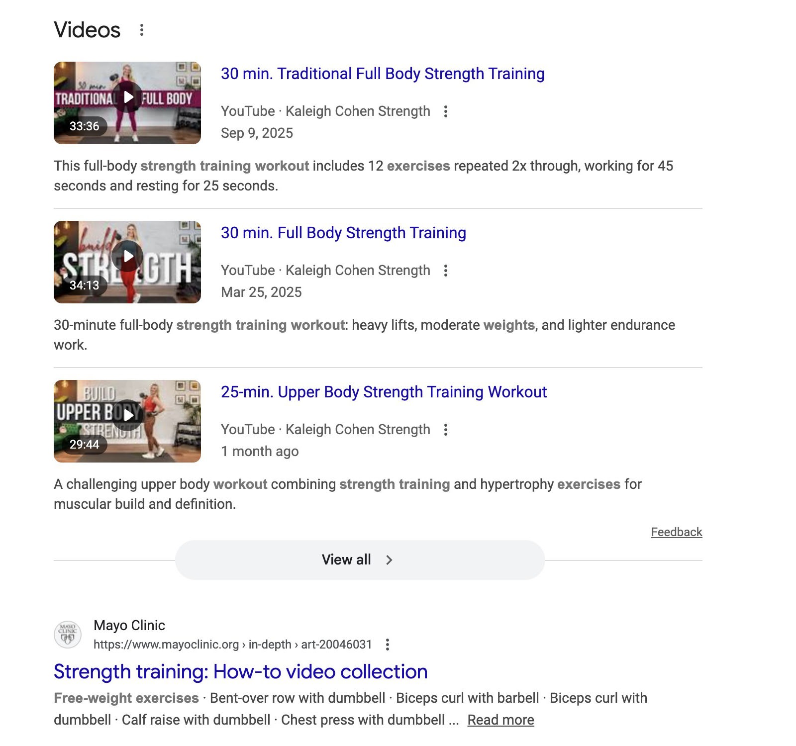 Google video carousel displaying YouTube strength training workout videos in search results.