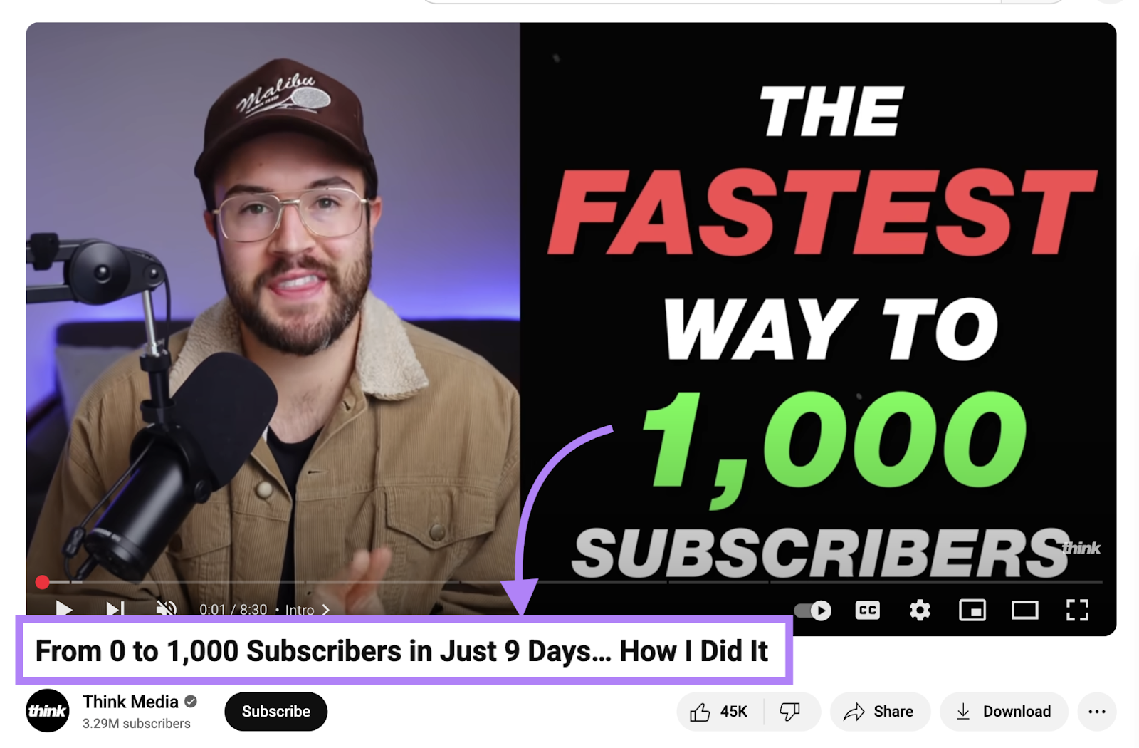 Video title says, "From 0 to 1,000 subscribers in just 9 days... how I did it."