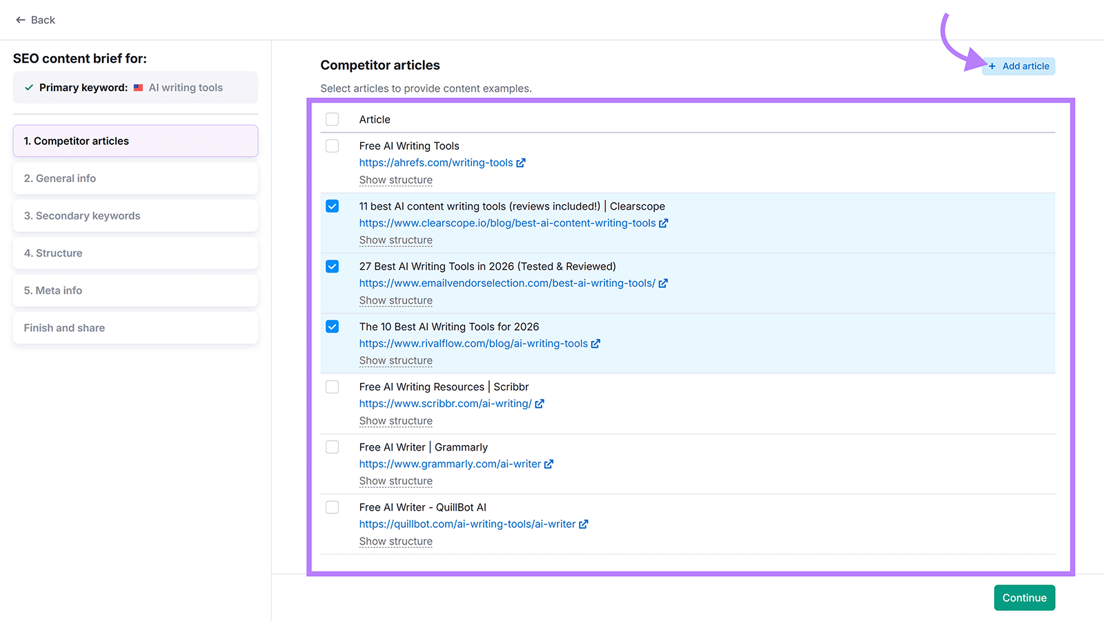 Semrush SEO content brief showing competitor articles selected to guide an AI writing tools blog post.