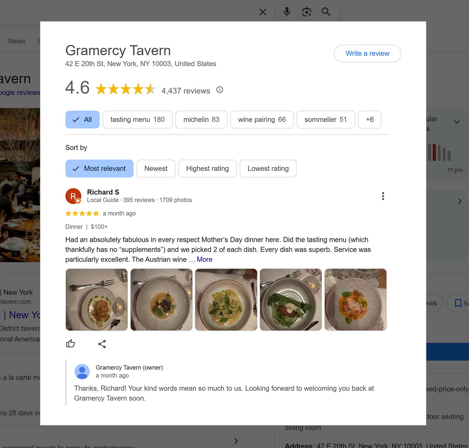 Google reviews panel for Gramercy Tavern showing review filters, sort options, a detailed review, and owner reply