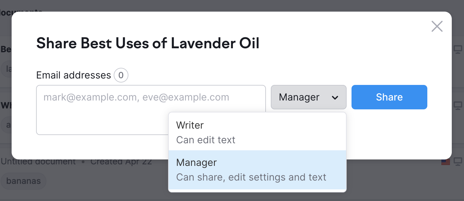 SEO Writing Assistant sharing menu: if you click the Manager button you will see two levels of access &ndash; Writer (who can edit a text) and a Manager (who can share the doc, edit settings and a text).