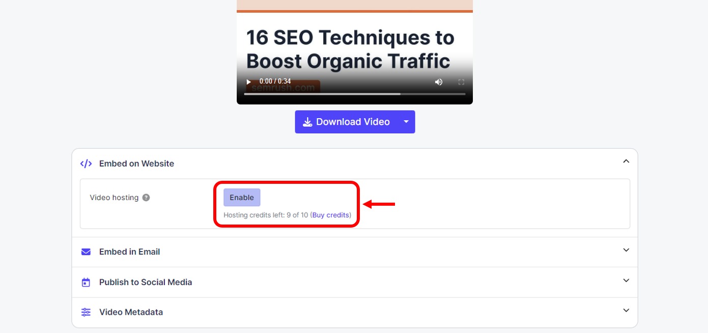 Enabling video hosting and using credits in AI Video Marketing Automator.