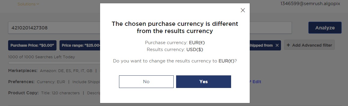 Choosing currency in the &lsquo;Single Product Analysis&rsquo; feature of Product Research Pulse.