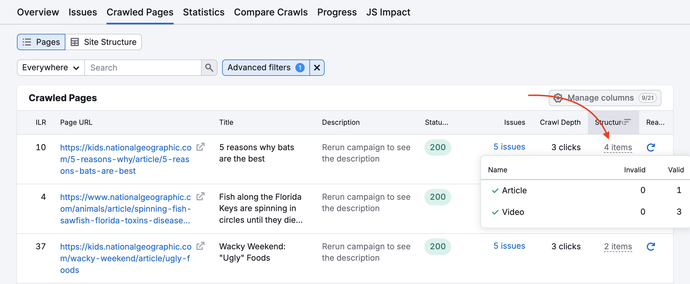 The Crawled pages report with an arrow pointing to the items in the Structured data column. 