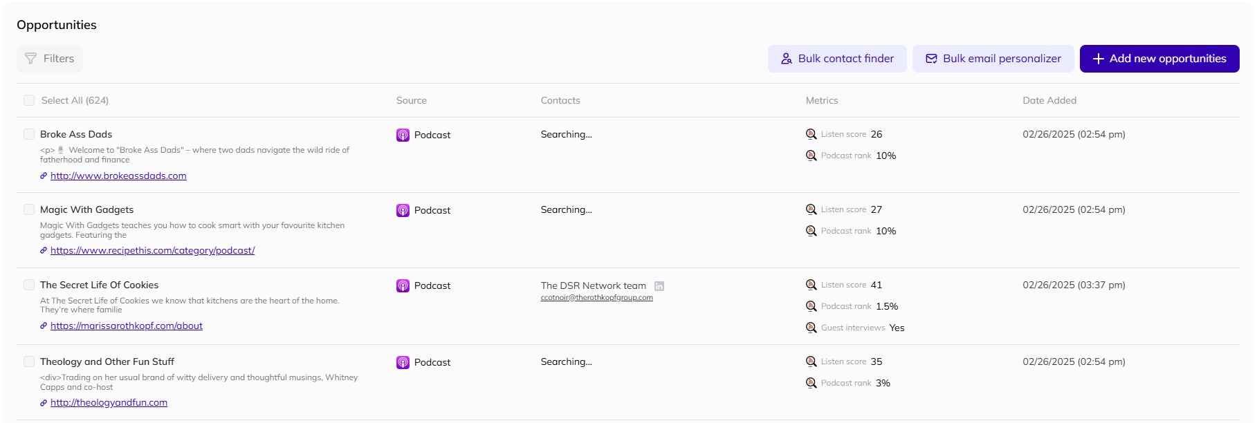 The list of opportunities found during campaign setup in AI Backlink Builder.