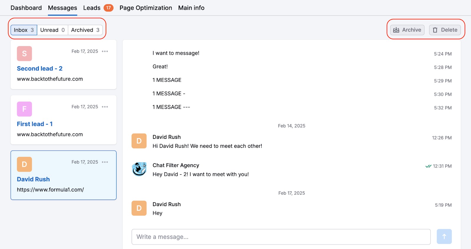 Messages tab with the Archive and Delete buttons highlighted in the top-right corner, along with three highlighted folders for Inbox, Unread, and Archived messages.