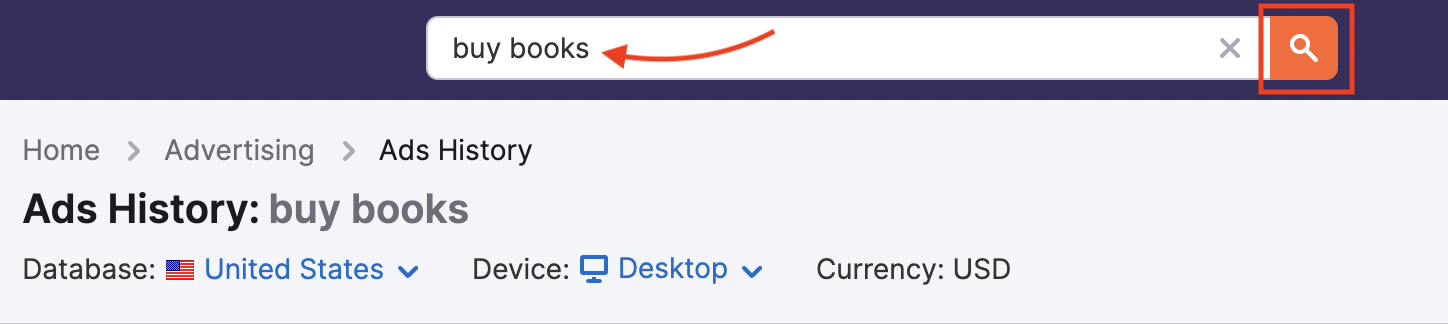 The Ads History keyword search bar.