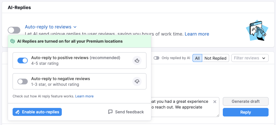 A pop-up with the options to enable auto-replies to positive and negative reviews.