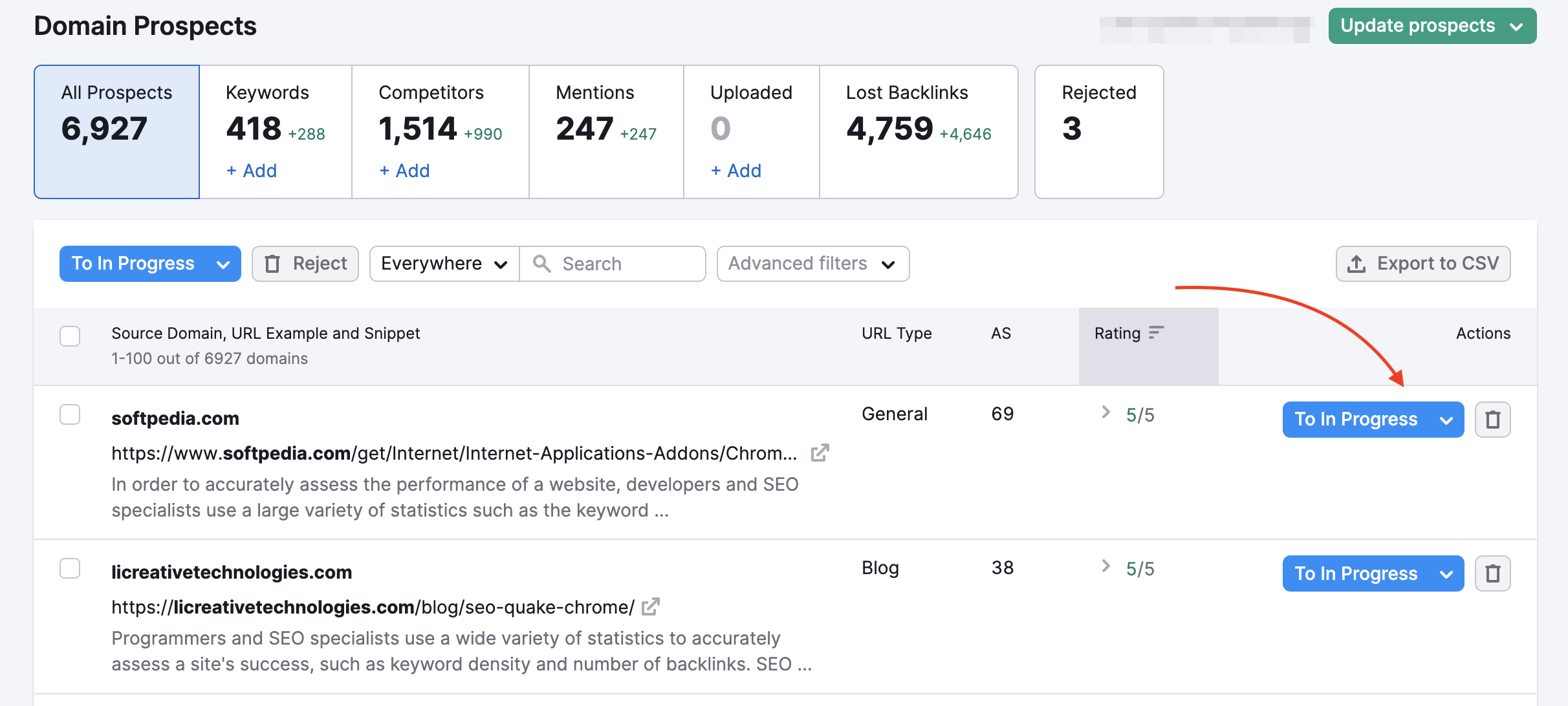 Prospects report in the Link Building tool, with a red arrow pointing to the To In Progress button in the last column on the right.