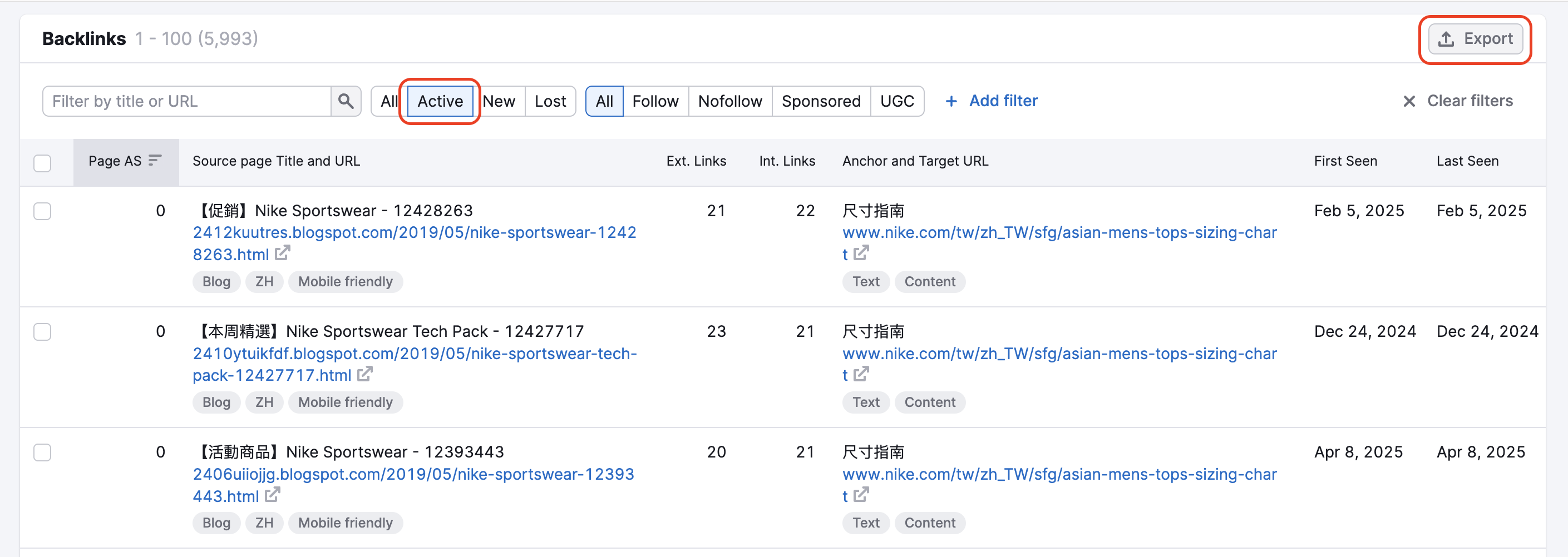 Backlinks report in Backlinks tool. This report is set to display only active backlinks with this filter being highlighted on top of the report. On the right side, the Export button is highlighted as well.