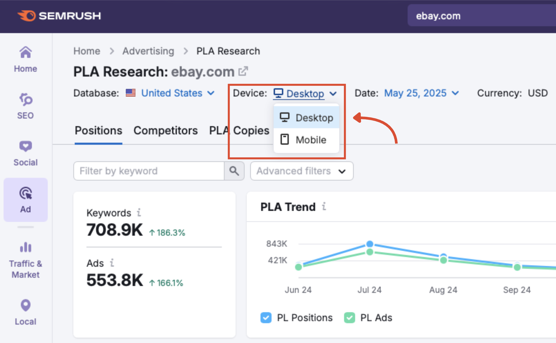 The device menu in PLA Research.