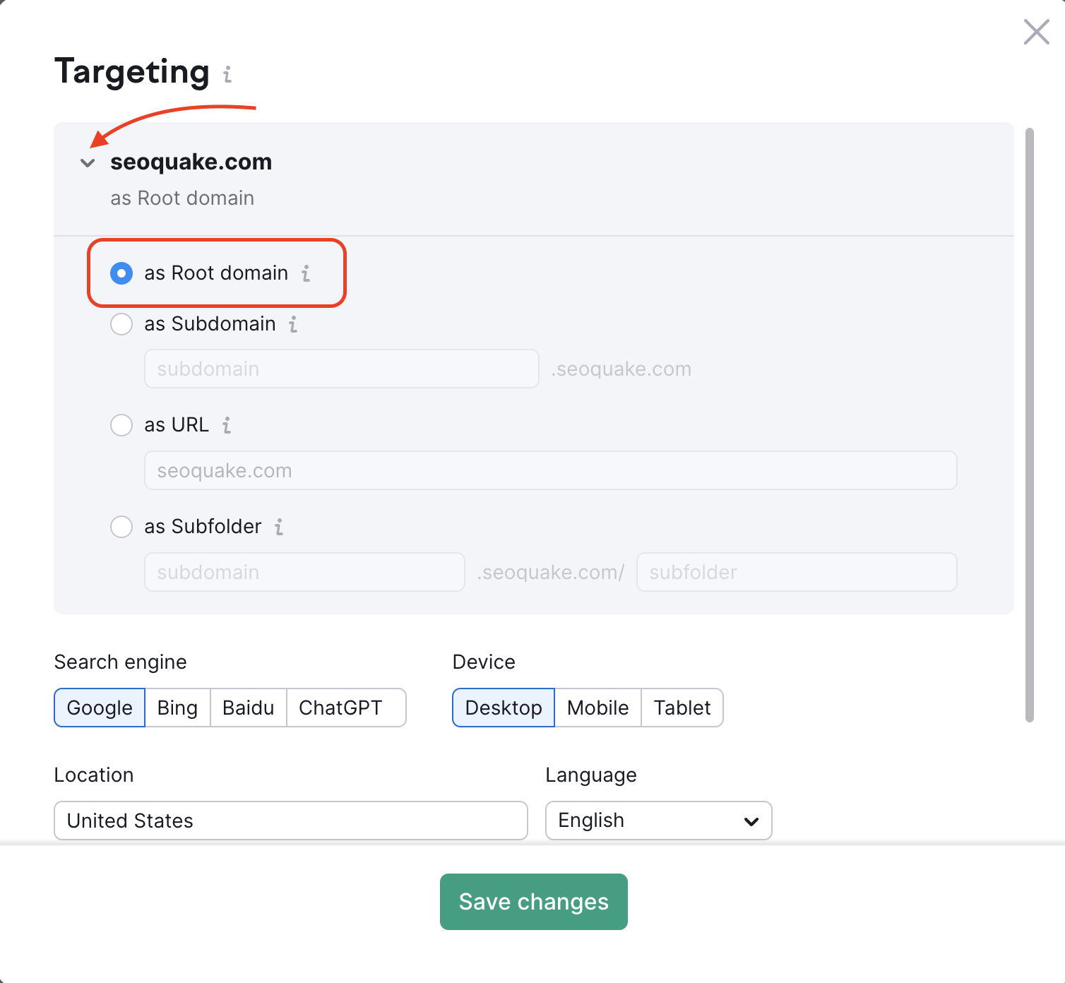 Position Tracking setup wizard with the Root domain option highlighted.