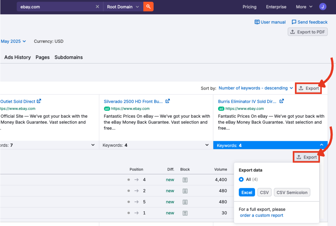 The export buttons in the Ads Copies report.