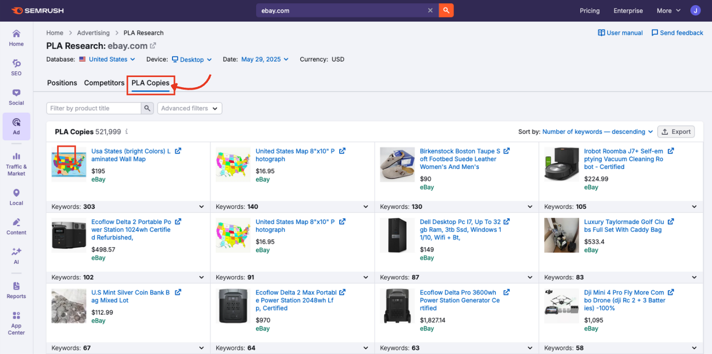 The PLA Copies tab selected, showing a grid of product ads and keyword counts.