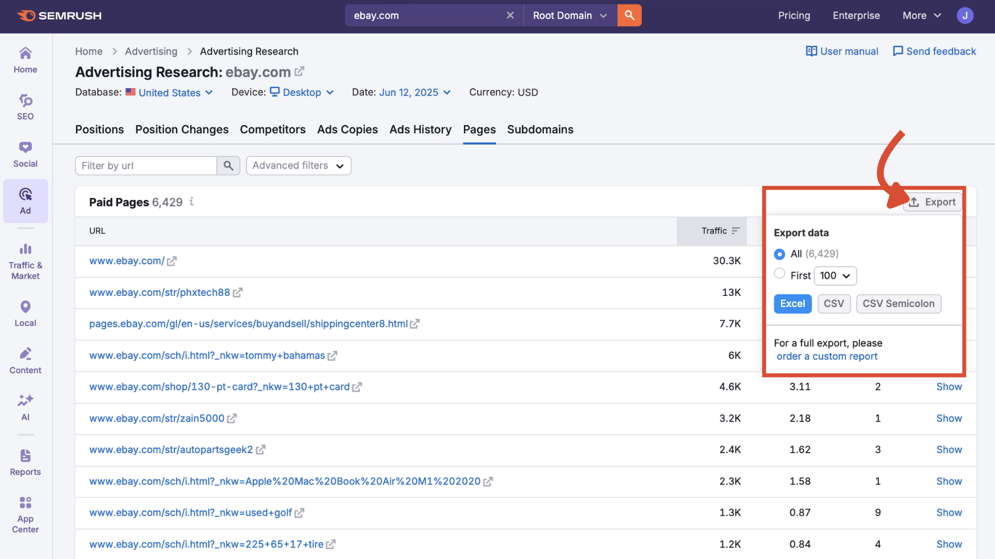 Export menu in the Pages report interface.