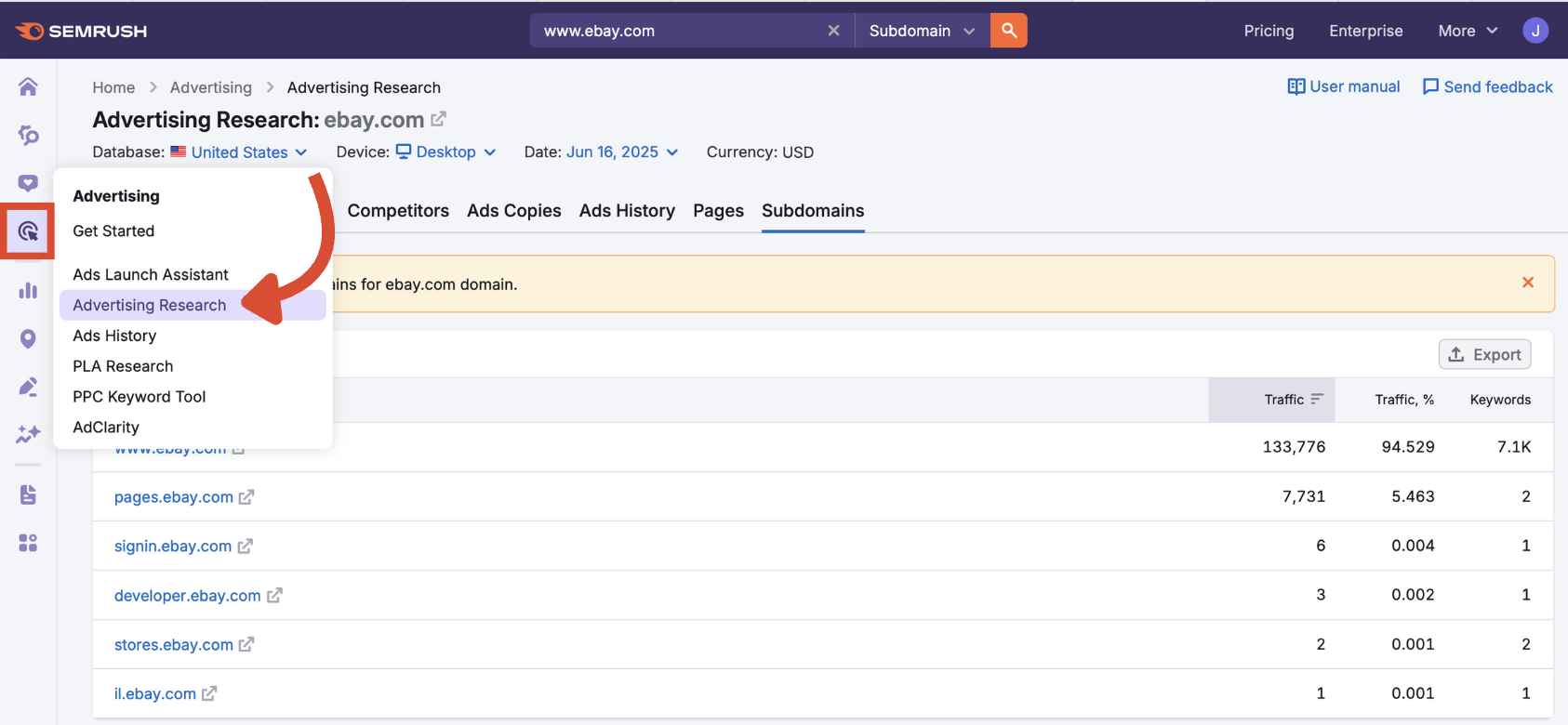 Semrush sidebar with the Advertising Research icon selected.