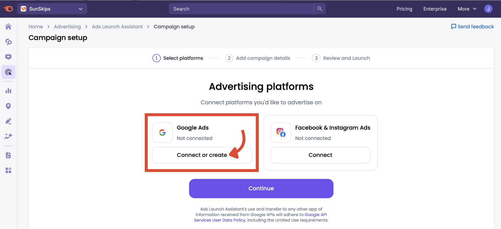 The advertising platforms selection menu.