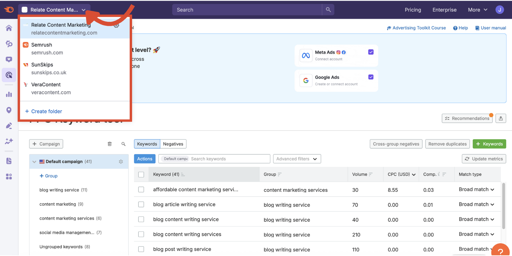 The folder menu in the PPC Keyword Tool.