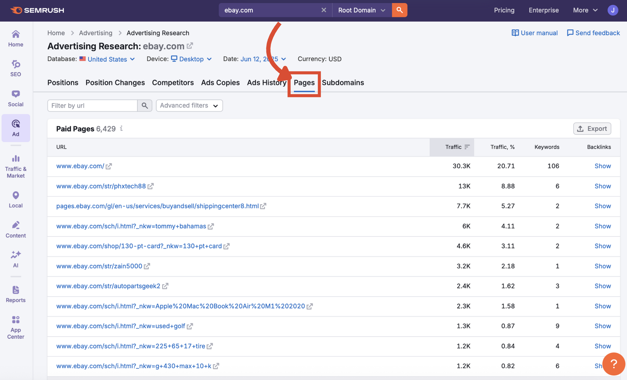 Pages tab selected in the Advertising Research interface.