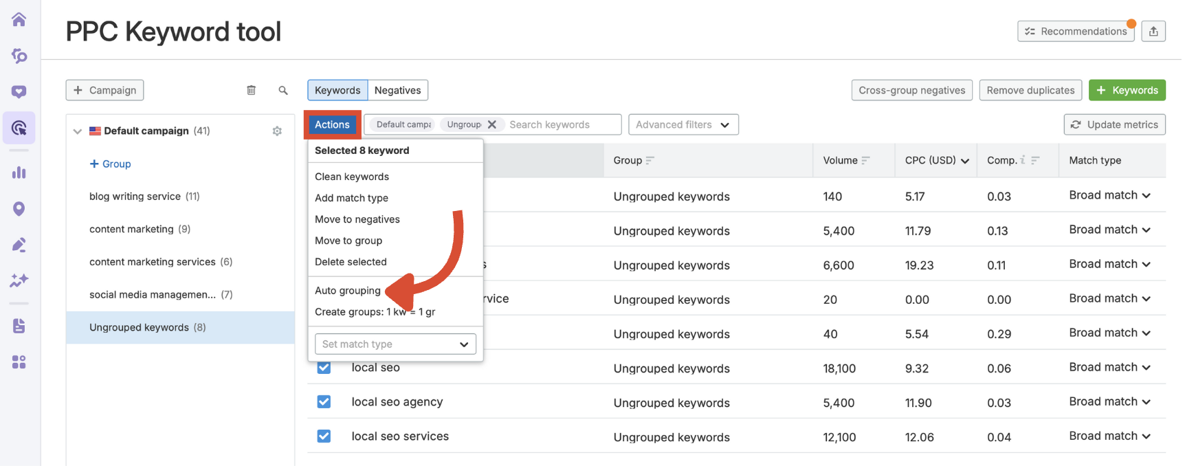 Auto grouping keywords based on shared roots.