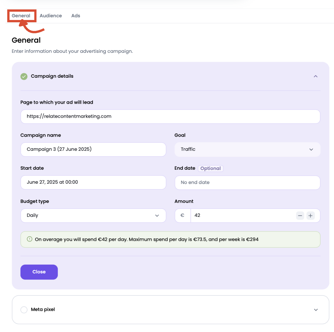 General tab settings with campaign details, budget fields, and Meta Pixel option visible.
