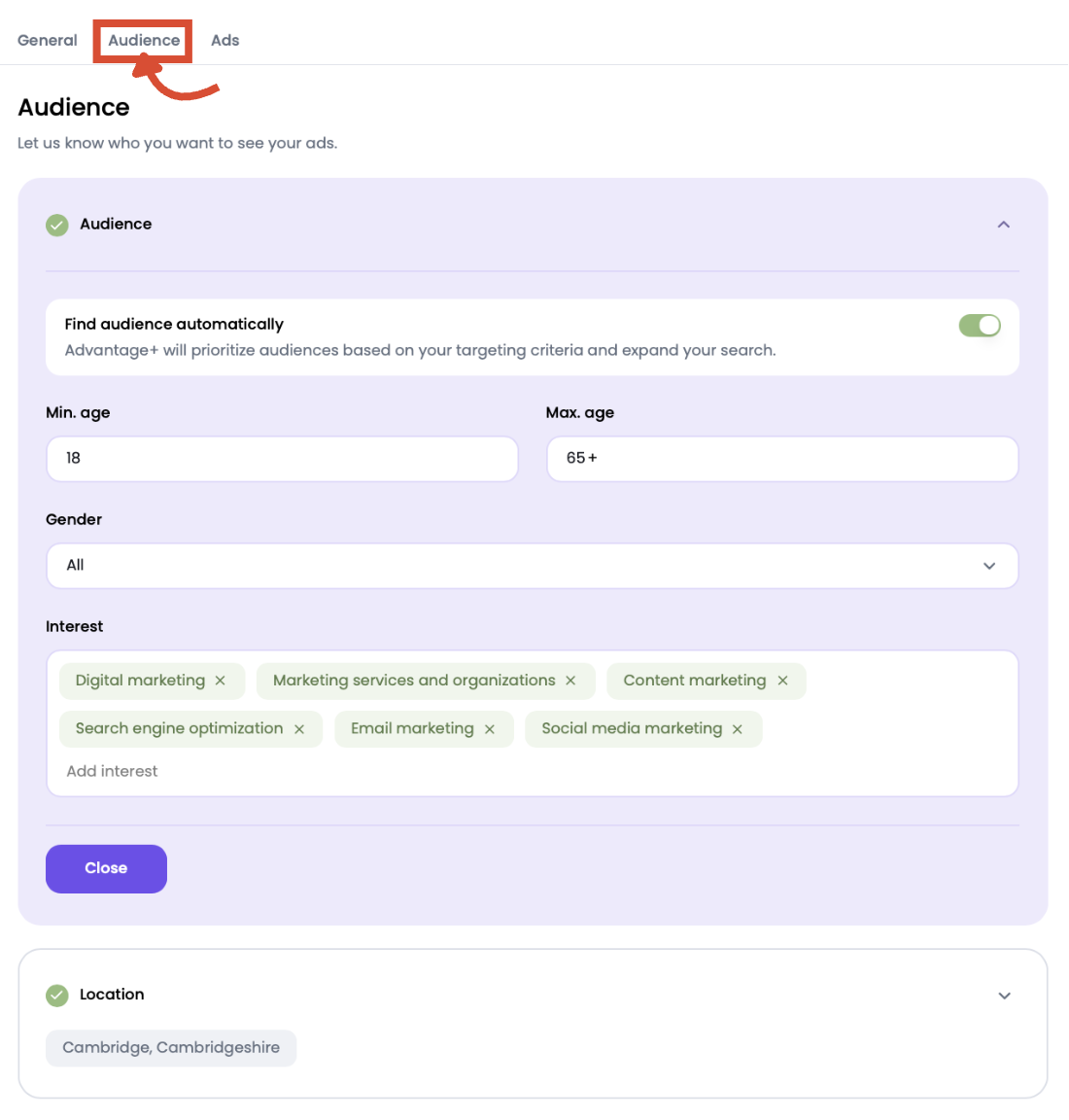 Audience tab settings with age ranges, interests, and Advantage+ toggle displayed.