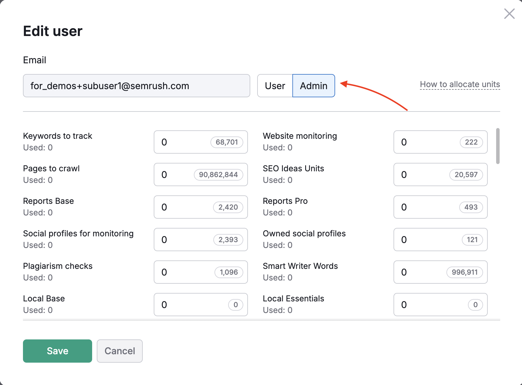 A red arrow highlights the Admin option. 
