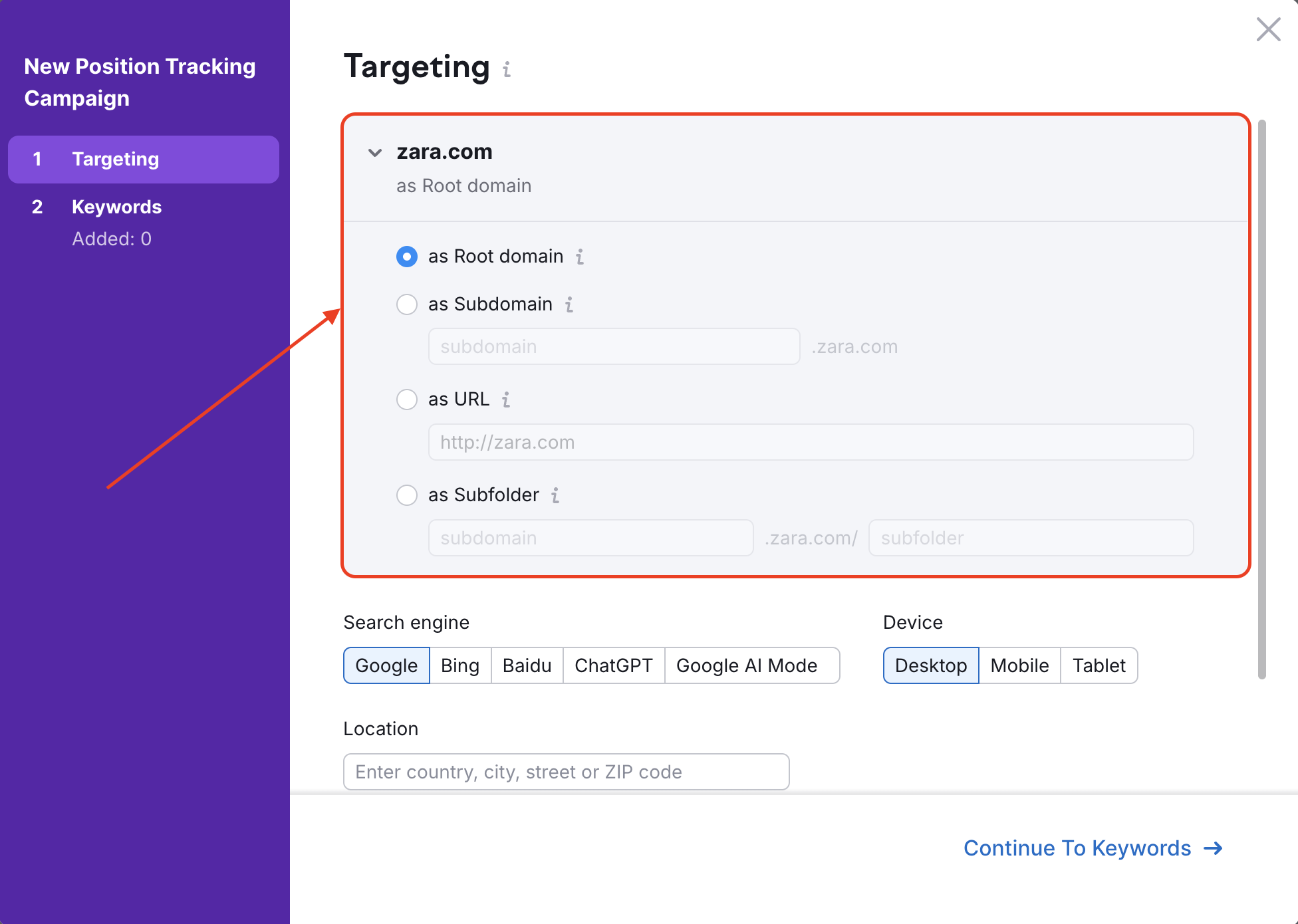 Position Tracking configuration window &ndash; Targeting. A rectangle and an arrow are highlighting the drop-down with the target selection.  