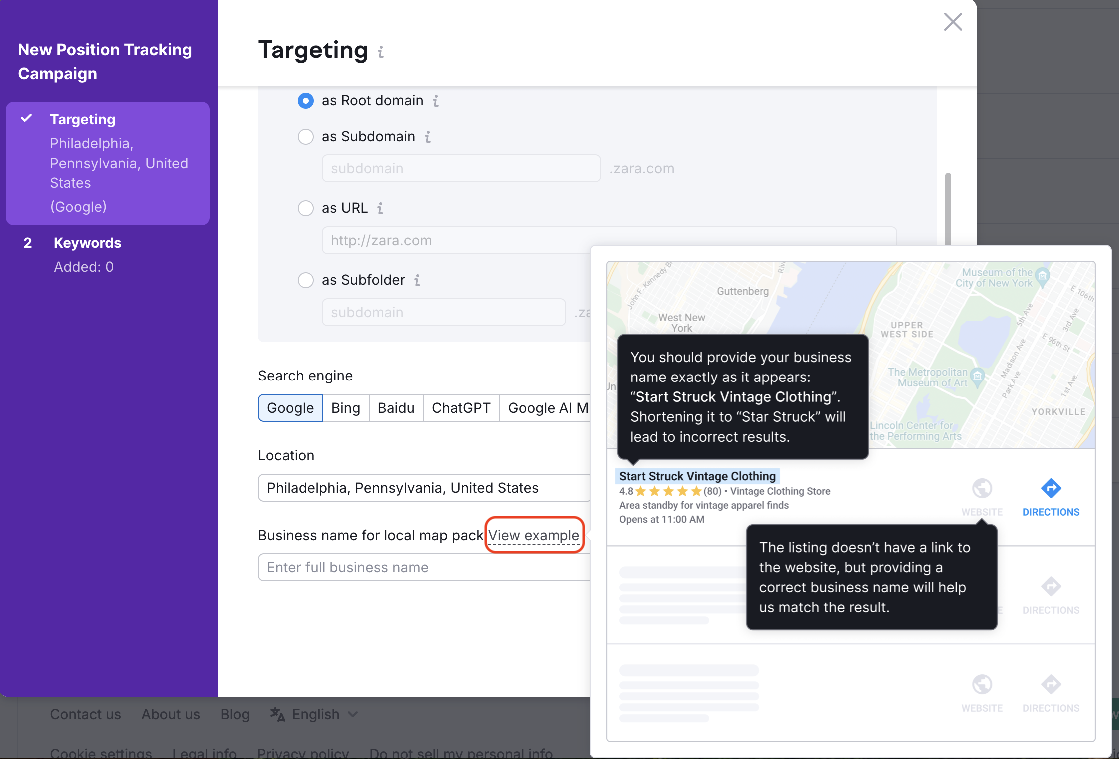 Position Tracking configuration window &ndash; Targeting. An example how to add your Business name &ndash; if you click the View example button, a pop-up with the local pack will appear. 