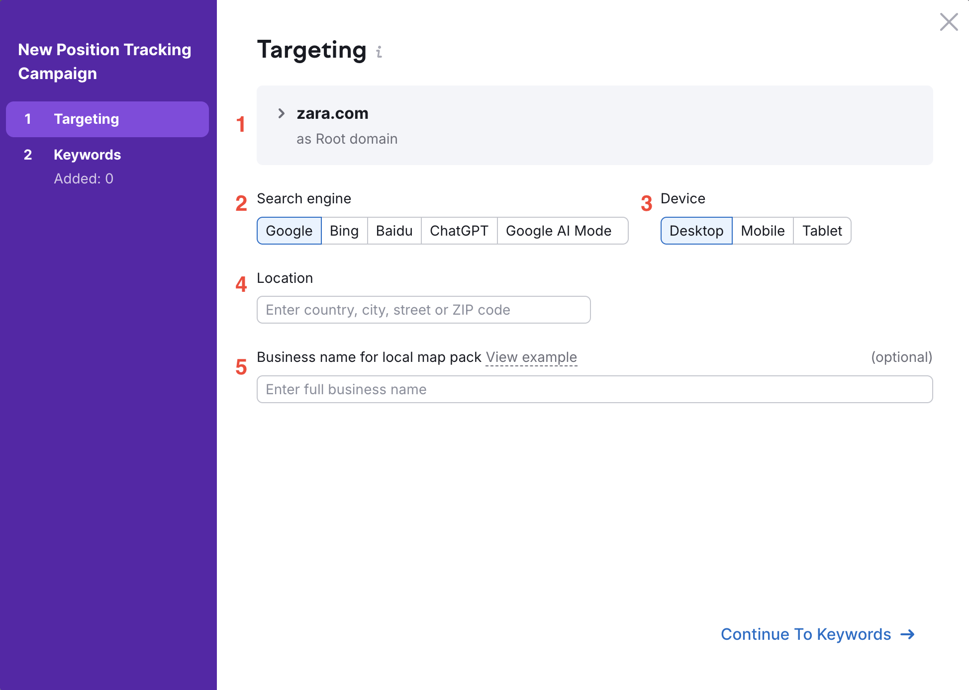 Position Tracking setup window with all basic settings being numbered.