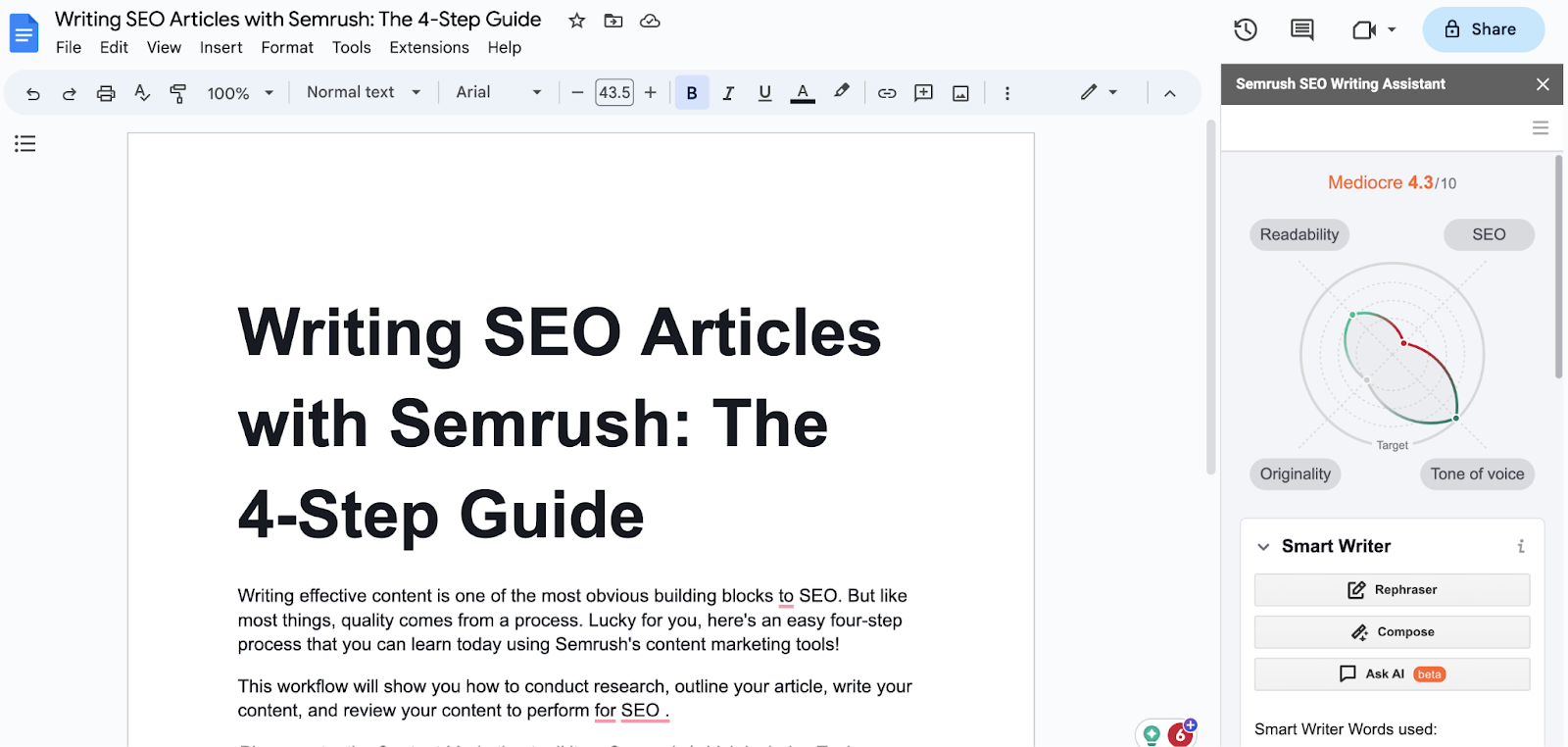 Google Doc with the Semrush SEO Writing Assistant panel showing an SEO score and content analysis metrics.