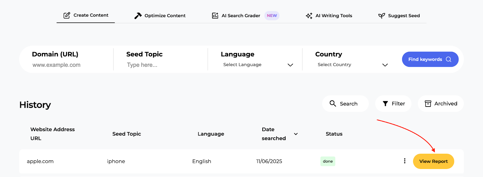 An example of the button you click to access an analysis in the SERP Gap Analyzer app.