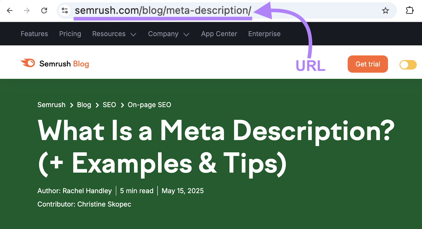 The URL in this example is sem1.ahsanprinters.com/blog/meta-description.