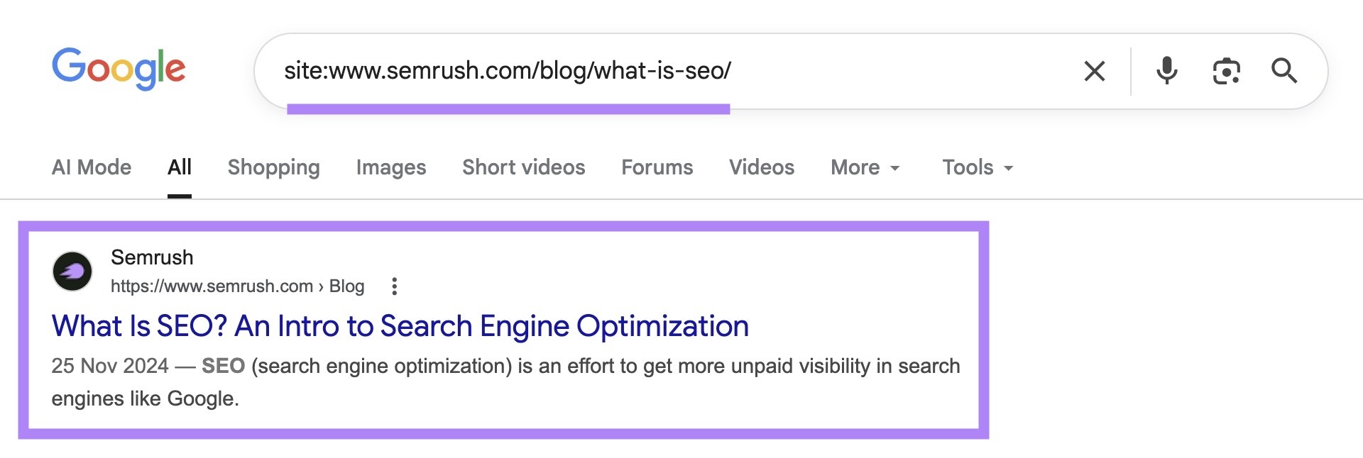 SERP for “site:sem1.ahsanprinters.com/blog/what-is-seo/” with the top result highlighted.
