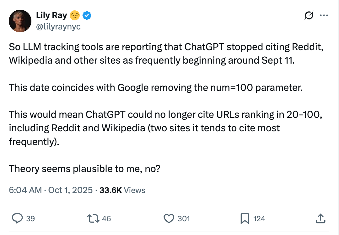 Lily Ray discussing the num=100 parameter removal